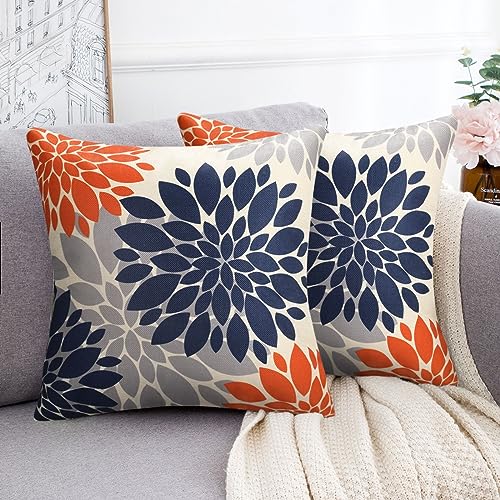 2er Set Kissenbezüge Sofakissen 40x40cm Orange Blau Dekorativ Kissenhülle Modern Geometrische Blumen Dekokissen Abstrakte Dahlia Zierkissenbezüge für Sofa Couch Möbel Garten Wohnzimmer von HomeStilez