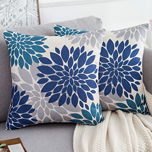 2er Set Kissenbezug 50 x 50 Dekokissen Sofakissen Deko Kissenbezüge Quadratisch Marineblau und Grau Moderne Blume Leinen Couchkissen Bezüge für Sofa Stuhl Garten Indoor Outdoor Kissen, 2er Set von HomeStilez