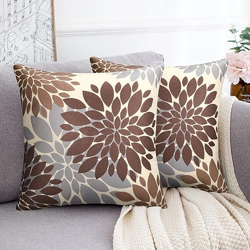 2er Set Sofakissen Kissenbezug 40x40cm Braun Grau Kissenbezug Modern Dahlia Abstrakt Kissenhülle Geometrisch Quadratisch Weich Couchkissen Dekokissen für Sofa Bank Schlafzimmer von HomeStilez