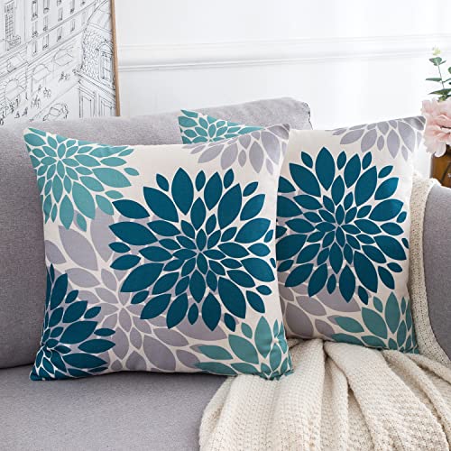 2er Set Sofakissen bezüge Blau Grün und Grau Geometrische Blume Leinen Kissenbezüge 40x40cm Kissenbezug Abstraktes Kissenhüllen Sommer Dekor für Wohnzimmer Couch Indoor Garten von HomeStilez