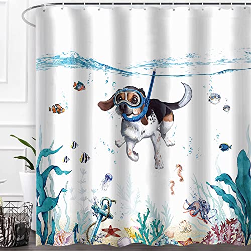 HomeStilez Duschvorhang Tauchen Hund Ozean Tier Fisch Algen Druck Wasserdichter Strapazierfähiger Polyester Badevorhang 180x180cm Modernes Waschbares Badezimmerzubehör mit 12 Stück Badvorhang Ring von HomeStilez