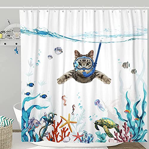 Duschvorhang Tauchen Katze Ozean Print Schildkröte Fisch Seestern Wasserdicht Badevorhang Beständiges Polyester 180 x 180 cm Modernes Badezimmer Dekorationszubehör Kommt mit 12 Duschvorhangringen von HomeStilez