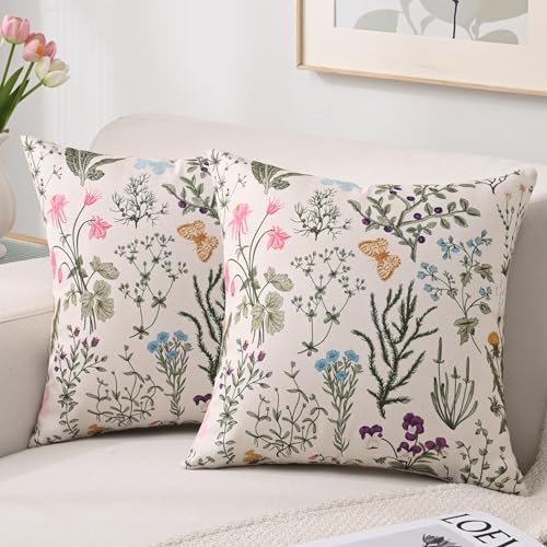 HomeStilez 2er Set Kissenbezug 40 x 40 cm Leinen Sofakissen Wasserdicht Außenbereich Mehrfarbig Wildblumen Grüne Blätter Frühling Sommer Dekorative Kissenbezug für Garten Sofa Bank von HomeStilez