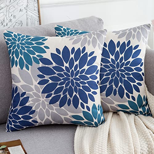 Sofakissenbezug 40x40cm Blumen Kissen Kissenhüllen Blau Hellblau und Grau Leinen Kissenbezug Sommer Herbst Floral Modern Couch Dekorativer Couchkissen für Auto Sofa Bank Wohnzimmer von HomeStilez