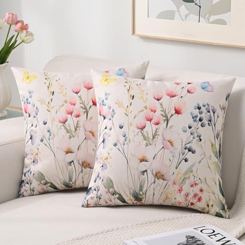 HomeStilez 2er Set Kissenbezuge 40 x 40 cm Wilde Blumen Blatt Mehrfarbig Wasserdicht Leinen Frühlings Dekorative Sofakissen Dekokissen Kissenbezüg für Outdoor Couch Wohnzimmer Schlafzimmer von HomeStilez