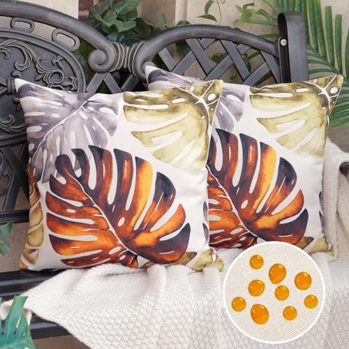 HomeStilez 2er Set Outdoor Kissenbezug 45 x 45 cm Braun Gelb Monstera Blatt Wasserdicht Leinen Sofakissen Dekokissen Couchkissen Bezüge Kissenhülle für Garten Couch Sofa Wohnzimmer Schlafzimmer von HomeStilez