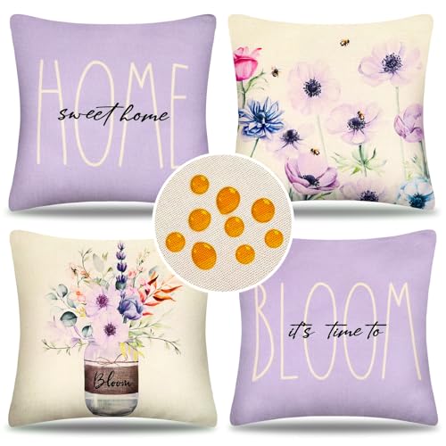 HomeStilez 4er Set Kissenbezug 40 x 40 cm Blumenmuster für den Außenbereich Wasserdicht Leinen Lila Blumen Frühling Sommer Quadratische Bauernhaus Kissenhülle für Sofa Couch Bank Wohnzimmer von HomeStilez