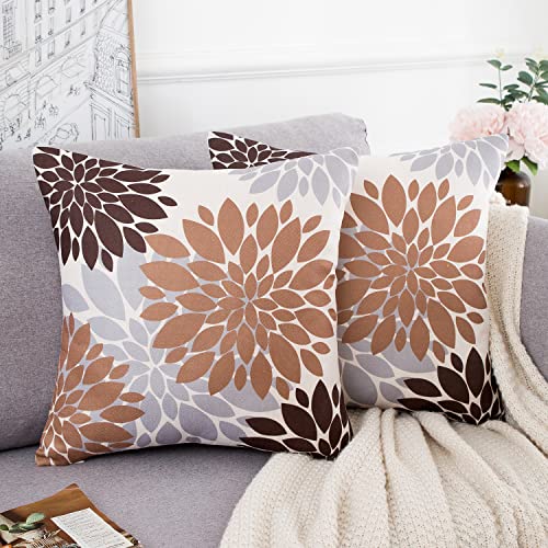 HomeStilez Kissenbezüge 50x50cm Kissenhülle Dahlie Leinen Braun Grau Blumen Dekorativ Quadratisch Waschbar Sommer Herbst Sofakissen Dahlie Dekokissen Kissenbezüge für Wohnzimmer Garten Kissen Dekor von HomeStilez