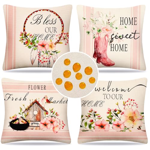 HomeStilez Kissenbezug 40 x 40 cm Outdoor wasserdichte Sofakissen Frühling Sommer Blumen Dekorative Kissenhülle 4er-Set Rosa Leinen Dekokissen für Sofa Garten Wohnzimmer Schlafzimmer von HomeStilez