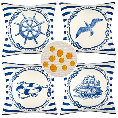 HomeStilez Nautische Kissenbezüge 45 x 45 cm 4er Set Blau Weiß Streifen Outdoor wasserdichte Leinen Dekokissen Sofakissen Kissenbezug Ruder Segelboot Life Boje Möwe Kissenhuelle für Sofa Patio Garten von HomeStilez