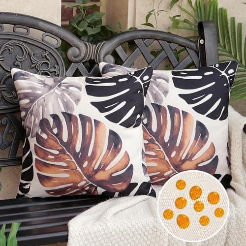 HomeStilez wasserdichte Kissenbezüge 45 x 45 cm Schwarzbraun Monstera Blatt Leinen Wasserfeste Sofakissen Couchkissen Kissenhülle Moderne für Garten Außen- oder Innenbereich Wohnzimmer, 2er-Set von HomeStilez
