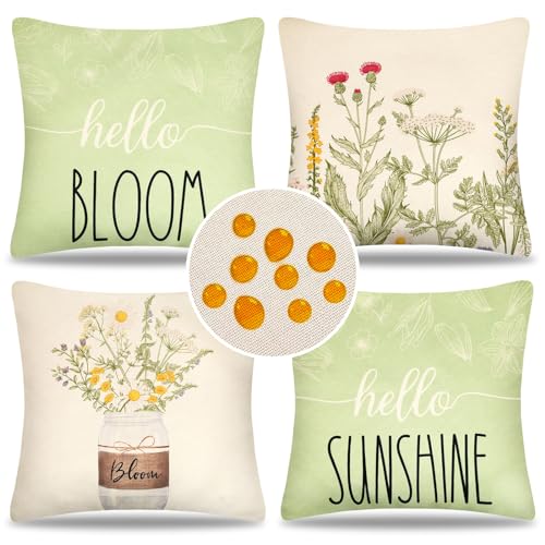 HomeStilez wasserdichte Kissenbezug Leinen 40 x 40 cm Salbeigrün Frühling Sommer Blumen Kissenhülle 4er Set Dekorative Sofakissen Couchkissen für Terrasse Garten Outdoor Büro von HomeStilez