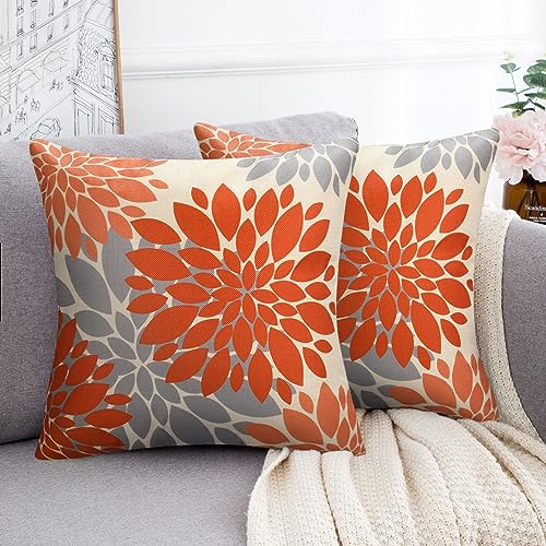 Kissenbezüge Modern 45 x 45 cm Herbst Dekorativer Orange Grauer Kissenhülle Dahlie Geometrische Blume Dekokissen Bezüge 2er-Set für Sofa Couch Bett Wohnzimmer mit Verstecktem Reißverschluss von HomeStilez