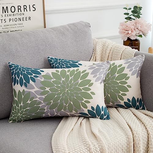 Kissenbezug 30x50 Blau Grün Grau Blume Outdoor Kissen Moderne Sofakissen Dekorative Kissenhülle Couchkissen Dahlie Quadratisch Leinen Geometrische Muster Zierkissen für Sofa Wohnzimmer Auto,2er Set von HomeStilez