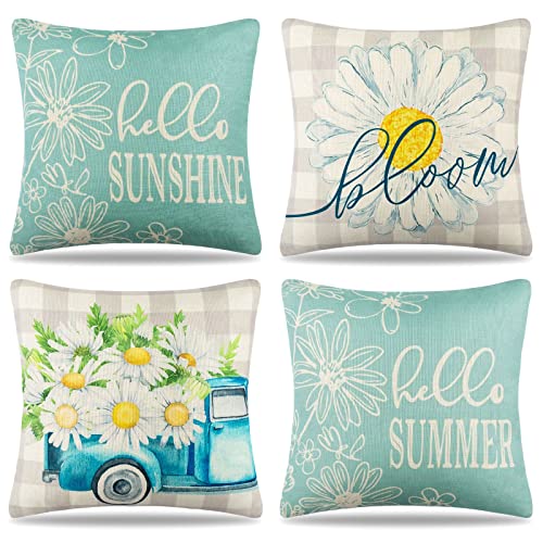 Kissenbezug 40x40cm Dekokissen Blumen Sofakissen Sommer Couchkissen Gänseblümchen Kissenbezüge Modern Leinen Kissenhülle für Sofa Car Couch Garten Balkon Zuhause Dekor 4er Set von HomeStilez