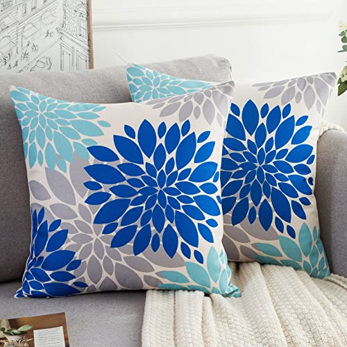 Kissenbezug 50x50cm Blumen Kissenhüllen Blau Hellblau und Grau Leinen Kissen Sofakissen Bezug Sommer Herbst Floral Modern Dekorativer Dekokissen Couchkissen für Auto Sofa Bank Wohnzimmer von HomeStilez