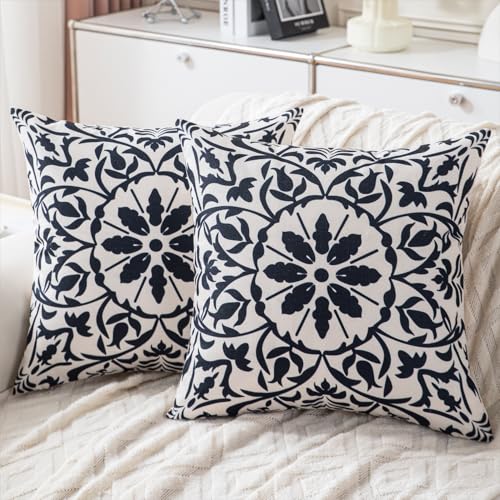 Kissenbezug Moderne Geometrische Blumen Schwarze 50x50 cm Boho Dekorative Sofakissen Bezug Weicher Leinen Kissenhülle Dekokissen 2er Set für Drinnen oder Draußen Wohnzimmer von HomeStilez