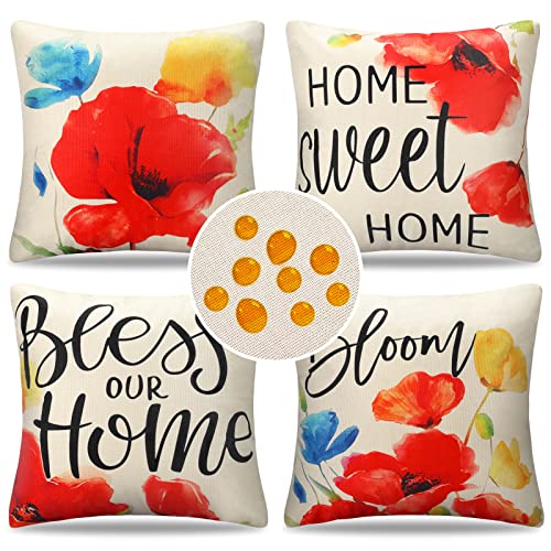 Outdoor Kissen Kissenbezüge 50x50 wasserdichte Sofakissen Dekokissen Bezüge Rot Blume Sweet Home Leinen Sommer Wohnkultur Boho-Stil Kissenhülle für Balkon Garten Outdoor，4er Set von HomeStilez