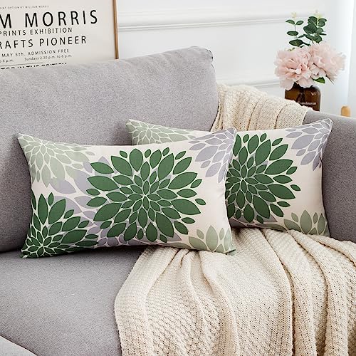 Sofa Kissenbezug 30 x 50 cm Dahlie Blume Leinen Dekorative Lendenkissen Moderne Abstrakte Geometrische Couchkissen Dekokissen Kissenhülle für Sofa Wohnzimmer Auto, Grün und Grau von HomeStilez