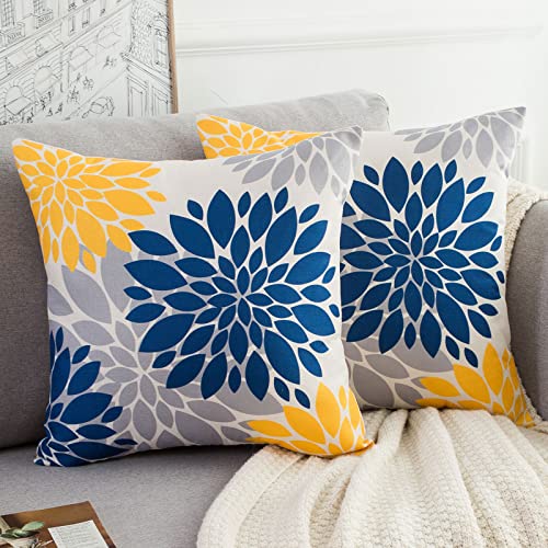 Sofa Kissenbezug 50x50 cm 2er Stück Gelb und Marineblau Grau Blume Kissenhülle Moderne Blumen Leinen Dekorative Kissenbezüge für Wohnzimmer Sofa Drinnen und Draußen von HomeStilez