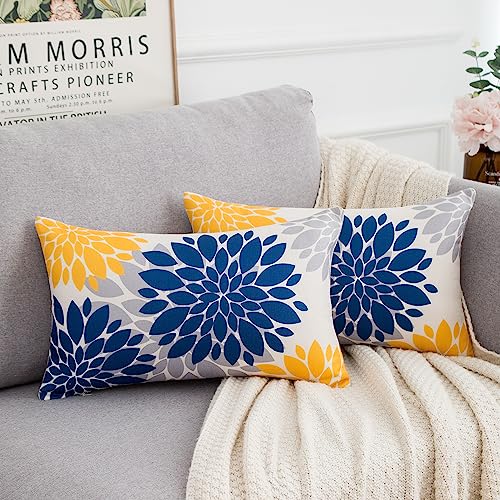 Sofakissen Bezug 30x50 Geometrie Blume Dekokissen Kissenbezug Leinen 2er Stück Gelb und Marineblau Grau Blume Kissenhülle Moderne Dekorative Kissenbezüge für Wohnzimmer Sofa Drinnen und Draußen von HomeStilez