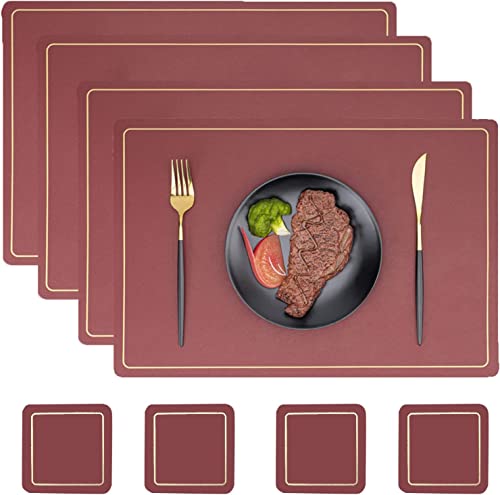 Square Placemats,Tischsets 4er-Set, Leder-Tischsets Untersetzer für Esstisch 4er-Set (Tischset*4 & Untersetzer*4) rutschfeste, hitzebeständige, waschbare von HomeToDou