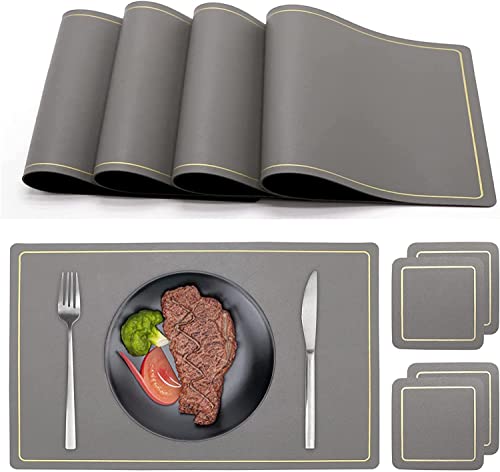 Tischsets 4er-Set, Leder-Tischsets Untersetzer für Esstisch 4er-Set (Tischset*4 & Untersetzer*4) rutschfeste, hitzebeständige, waschbare, isolierende Tischsets, Moderne Modestil-Tischsets (Grau-4) von HomeToDou