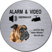 Boxer Alarm + Videoüberwachung-Alu.- Dibond-Schild Selbstklebend-Edelstahloptik-100 Mm Ø - 3 Material-Warnschild-Hundeschild-Ht1925-11 von HomeTrendsHamburg