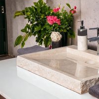 Creme Rough Hewn Stone Rechteck Waschbecken, Geschnitzte Marmor Benutzerdefinierte Sink, Travertin Auf Bestellung Pulver Waschbecken von HomeVogueDesignS