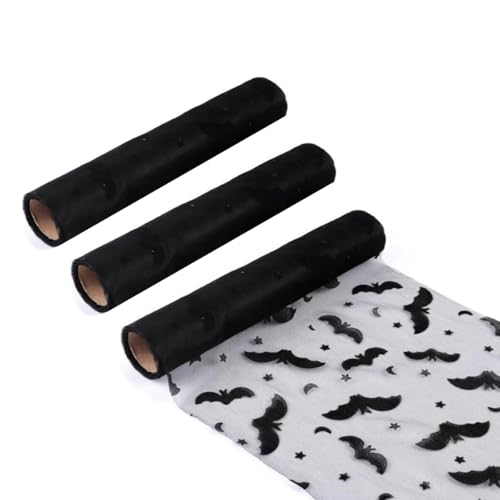 3-teiliges Halloween-Tischläufer-Set mit durchsichtigem Tüll-Mesh-Stoff und Netz-Motiv, entworfen für Esstisch-Dekoration mit zuschneidbaren Tischsets (Fledermaus) von HomeVortex