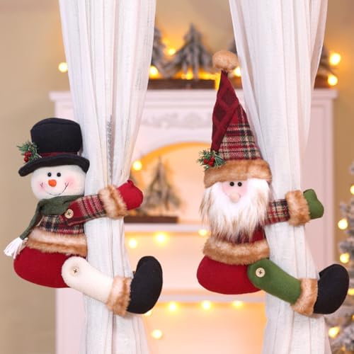 HomeVortex 2 Stück Weihnachten Weihnachtsmann Schneemann Vorhang Raffhalter Urlaub Fenster Dekor Set Polyester Festliche Charaktere Umarmung Arme Design Wohnzimmer Schlafzimmer 38,1 cm von HomeVortex