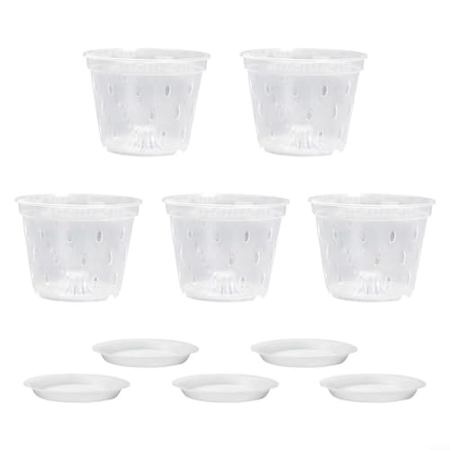 HomeVortex 5 transparente Orchideentöpfe mit effizienten Ablauflöchern und Untertassen, transparenter Kunststoff, 17 cm, Pflanzgefäße für Orchideen und andere Pflanzen, Wurzelbeobachtung (B) von HomeVortex