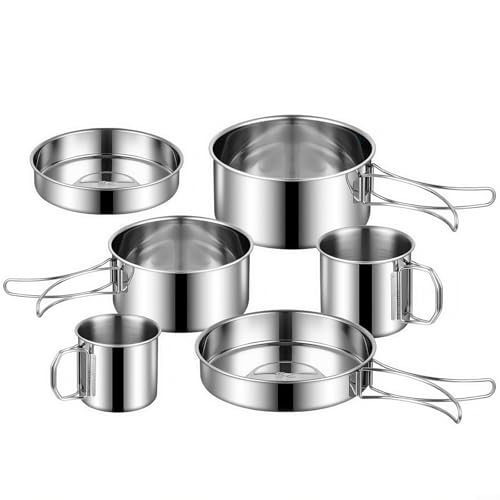 HomeVortex Edelstahl Camping Kochgeschirr Set 6 Stück Outdoor Kochtöpfe Faltbare Griffe Stapelbares Design Tragbare Küchenausrüstung für Rucksackreisen Wandern von HomeVortex