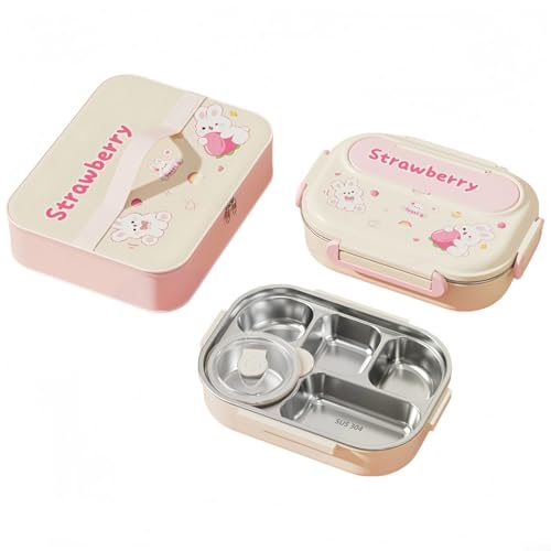 HomeVortex Edelstahl-Lunchbehälter mit 5 Fächern, auslaufsichere Dichtung und spülmaschinenfestes Tablett für Schule, Arbeit, Picknick oder Reisen, komplett mit Tragetasche (Rosa) von HomeVortex