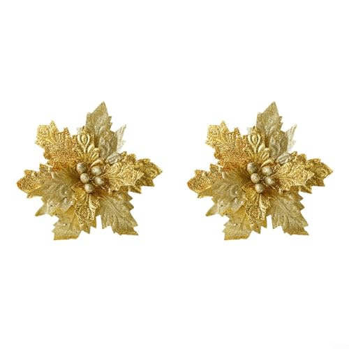 HomeVortex Glitzernde Blumenornamente, handgefertigt, Glitzer-Blumen-Picker, 30 cm, Weihnachtsstern-Dekoration für Baum, Kranz, Treppen, Goldrot (Gold), 2 Stück von HomeVortex