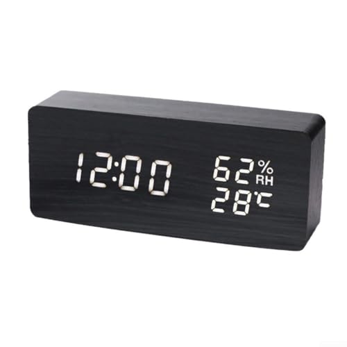 Sprachgesteuerte LED-Uhr aus Holz mit Anzeige von Zeit, Temperatur, Luftfeuchtigkeit und Datum, einstellbare Helligkeit mit USB- oder Batteriebetrieb für Zuhause oder Büro (A) von HomeVortex