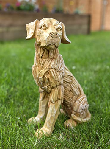 HomeZone Groß 35cm Rustik Holz Effekt Sitzen Labrador Hund Skulptur Treibholz Heim Garten Figur Rasen Statue Wetterfest Polyresin Material von HomeZone