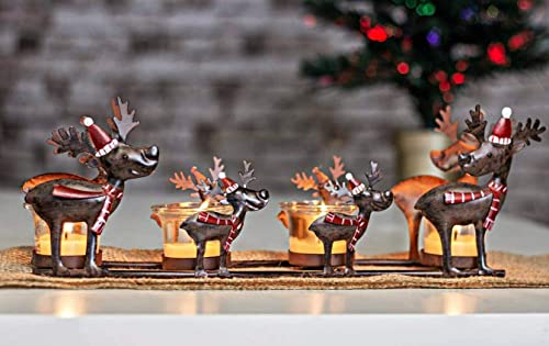 HomeZone Votiv-Teelichthalter mit Weihnachts-Rentier – rustikales Rentier aus Metall und 4 Teelichthaltern aus Glas – festliches Geschenk, Weihnachten, Tischdekoration, Rudolf, Weihnachtsmann, von HomeZone