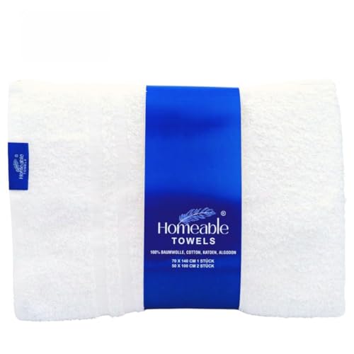 Homeable Handtuch Set Weiß – 3-teilig, 100% Baumwolle, Weich & Saugfähig – 2X Duschtücher 100x150 cm, 1x Badetuch 70x140 cm – Hotelqualität von Homeable