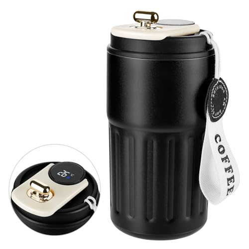 Homealexa Kaffeebecher Digitalanzeige Thermosflaschen 410ml 316 Edelstahl Travel Mug Isolierter Vakuum Thermobecher auslaufsicher Reisebecher mit Deckel für Kaffee Schwarz von Homealexa