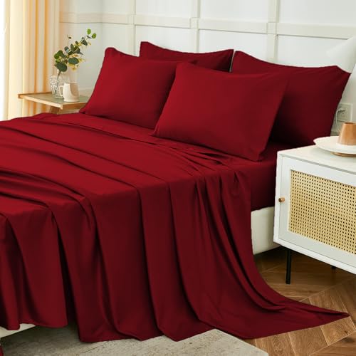 Homebliss Bettwäsche für französisches Bett 180 4-teiliges, Bettwäsche-Set aus Polyester, Spannbettlaken 180x190/200cm, Doppelbett 240x250 cm und 2 Kissenbezug 50x80, Bordeaux von Homebliss