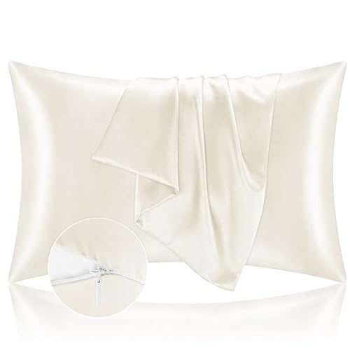 Kissenbezug Bett 40x70 aus Satin - Satinbezug Schützt Haut und Haare - Super Weich und Hypoallergen - 2er Set Kissenbezug mit Reißverschluss - Beige von Homebliss