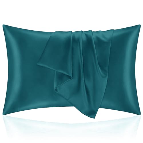 Kissenbezug Bett 50x70 aus Satin - Satinbezug Schützt Haut und Haare - Super Weich und Hypoallergen - 2er Set Kissenbezug mit Reißverschluss - Blau Grün von Homebliss