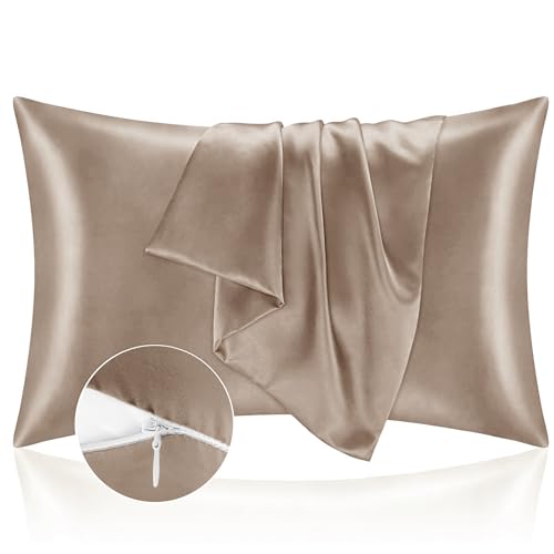 Kissenbezug Bett 50x70 aus Satin - Satinbezug Schützt Haut und Haare - Super Weich und Hypoallergen - 2er Set Kissenbezug mit Reißverschluss - Kaffee von Homebliss