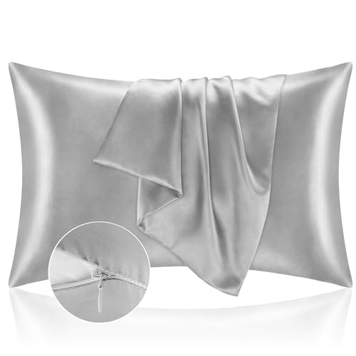 Kissenbezug Bett 50x70 aus Satin - Satinbezug Schützt Haut und Haare - Super Weich und Hypoallergen - 2er Set Kissenbezug mit Reißverschluss - Silber von Homebliss