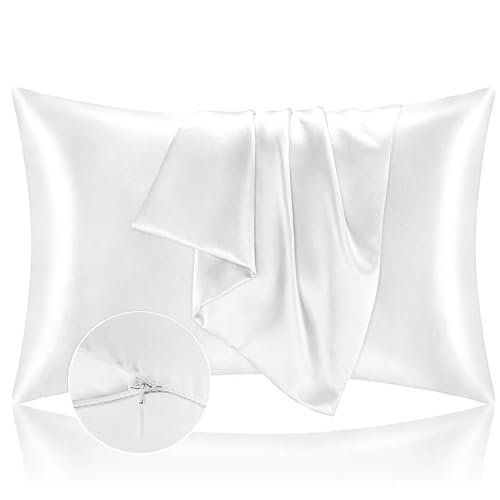 Kissenbezug Bett 50x80 aus Satin - Satinbezug Schützt Haut und Haare - Super Weich und Hypoallergen - 2er Set Kissenbezug mit Reißverschluss - Weiß von Homebliss