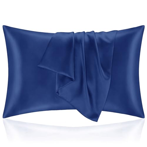 Kissenbezug Bett 50x80 aus Satin - Satinbezug Schützt Haut und Haare - Super Weich und Hypoallergen - 2er Set Kissenbezug mit Reißverschluss - Dunkelblau von Homebliss