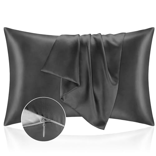 Kissenbezug Bett 50x80 aus Satin - Satinbezug Schützt Haut und Haare - Super Weich und Hypoallergen - 2er Set Kissenbezug mit Reißverschluss - Dunkelgrau von Homebliss