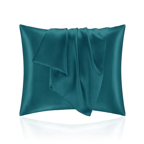 Kissenbezug Bett 65x65 aus Satin - Satinbezug Schützt Haut und Haare - Super Weich und Hypoallergen - 2er Set Kissenbezug mit Reißverschluss - Blau Grün von Homebliss