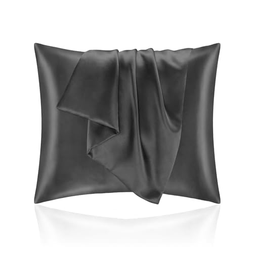 Kissenbezug Bett 65x65 aus Satin - Satinbezug Schützt Haut und Haare - Super Weich und Hypoallergen - 2er Set Kissenbezug mit Reißverschluss - Dunkelgrau von Homebliss